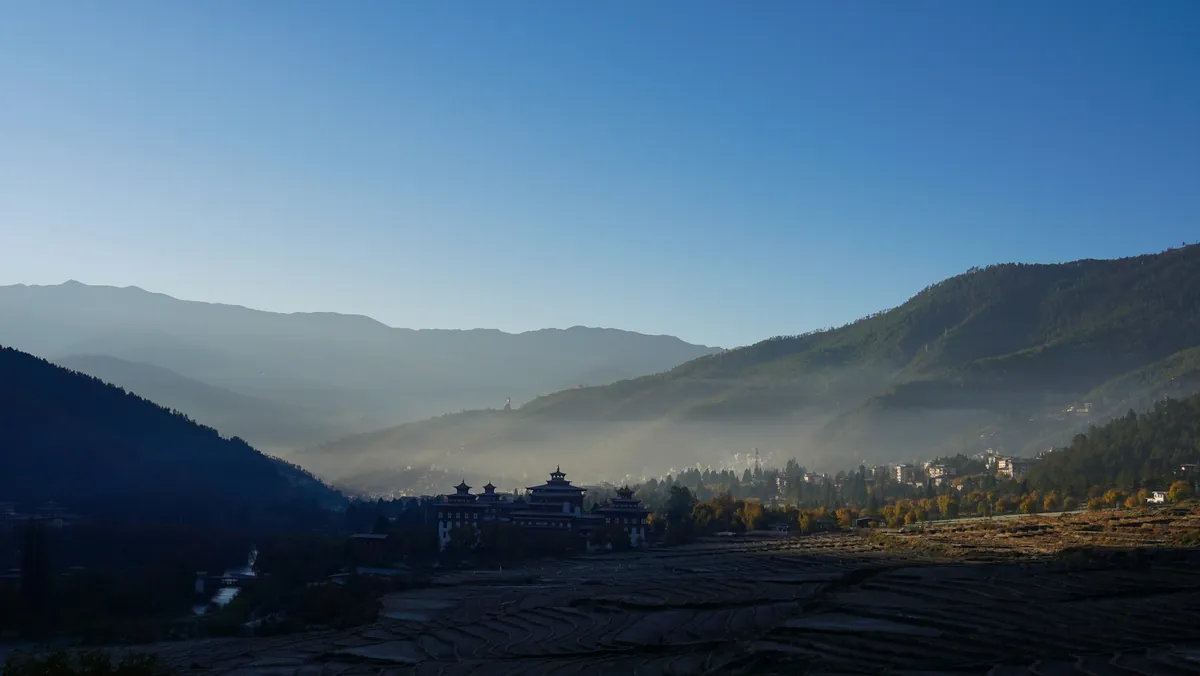 Morning light over the Thimphu valley in Bhutan